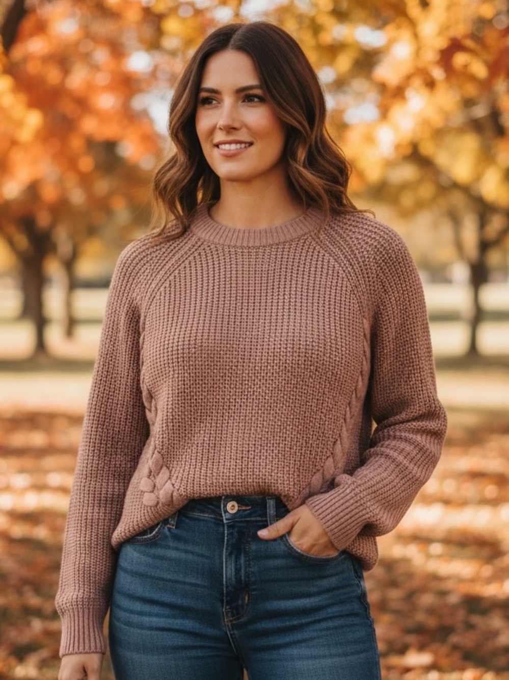 Pink Rose Braided Detail Crewneck Sweater in Dusty Rose Size Small